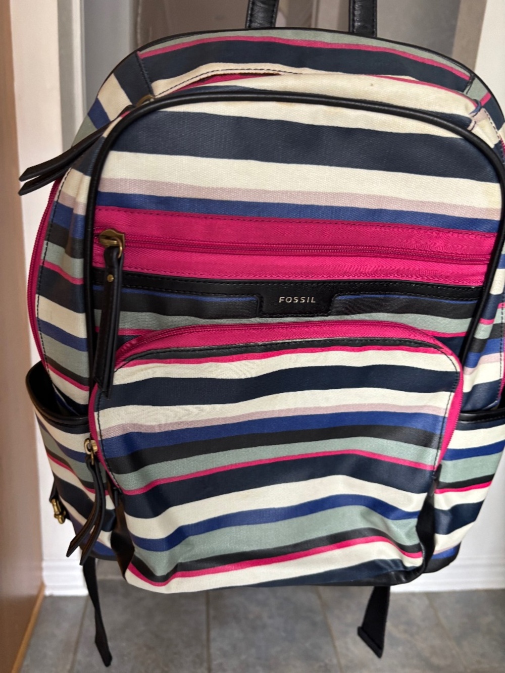 Fossil Eliza Campus Backpack Multicolor Stripe Coated Canvas Bookbag - Picture 1 of 8